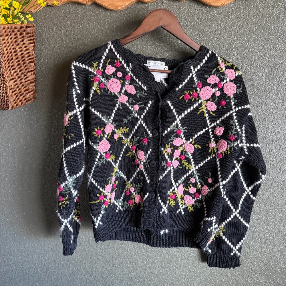 Black & Pink Hand Knit Women's Sweater with Crochet Floral Details